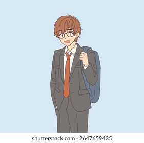 Anime style illustration of a young male student with glasses smiling confidently while wearing a formal suit and holding a backpack on pale blue background.