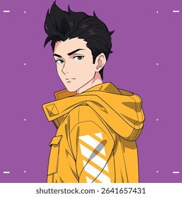 anime style male character with techwear jacket side view in vector