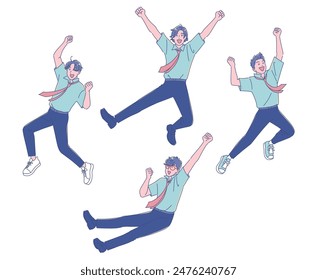 Anime style male student jumping with joy