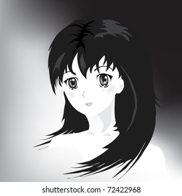 Anime style portrail of girl in tears. Black and white. EPS10 vector format.