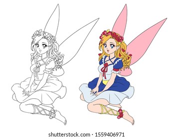Anime style pretty fairy and curly blonde hair   pink wings  Sitting pose  Flower wreath  Isolated white  Vector illustration for coloring book  children game  greeting card  sticker  shirt 