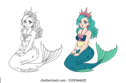 Anime style pretty mermaid with curly green hair and fish tail. Sitting pose. Big shell crown. Isolated on white. Vector illustration for coloring book, children game, greeting card, sticker, shirt.