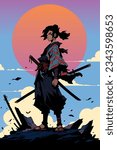 Anime style samurai girl standing tall on vertical sunset background.