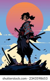 Anime style samurai girl standing tall on vertical sunset background.