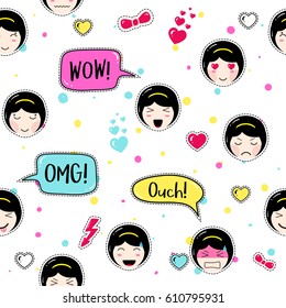 Anime style seamless pattern. Cute emoji girls. Kawaii patch badges. Tillable background for fabric, textile, craft, embroidery, scrapbook. Manga girls with speech bubbles, different faces and hair.