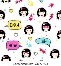 Anime style seamless pattern. Cute emoji girls. Kawaii patch badges. Background for fabric, textile, craft, embroidery, scrapbook. Manga girls with speech bubbles, different faces and hair.
