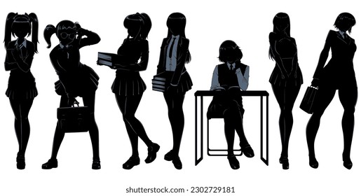 Anime style silhouette set of schoolgirls in school uniforms isolated on white background.