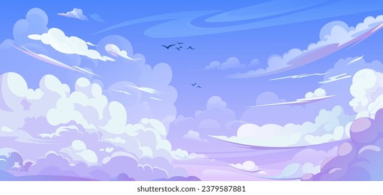 Anime style sky background with clouds. Vector cartoon illustration of beautiful heavenly cloudscape in pink, light blue gradient colors, birds flying high, cloudy summer day, sunrise or sunset design