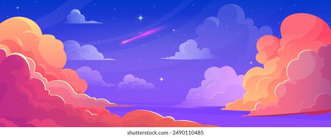 Anime style sky with clouds at night. Vector cartoon illustration of evening skyline with beautiful orange and purple cloudscape and bright stars, heavenly background, fantasy dream flight backdrop