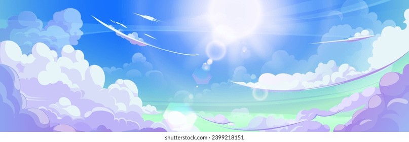 Anime style sky with clouds and sun. Vector cartoon illustration of beautiful heavenly gradient cloudscape, bright sunlight against blue background, sunshine flares in air, summer morning wallpaper