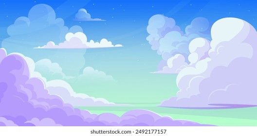 Anime style sky with clouds. Vector cartoon illustration of sunny morning skyline with beautiful cloudscape, heavenly background, fresh air, natural beauty, fantasy dream backdrop with color gradient