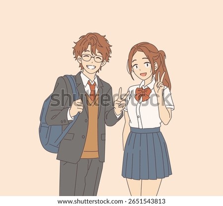 Anime style students are smiling and making peace signs with hands. They wear school uniforms. Background is plain, enhancing focus on their expressions.