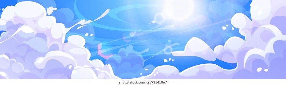 Anime style sunny sky with fluffy white clouds. Vector cartoon illustration of sun shining bright on heavenly light blue background, beautiful morning cloudscape, weather forecast backdrop, fresh air