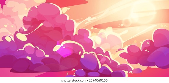 Anime style sunset sky with fluffy clouds. Vector cartoon illustration of sun rising or going down on heavenly orange gradient background, beautiful morning cloudscape, weather forecast backdrop