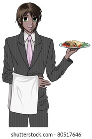 Anime Style Teenager Serving Delicious Food