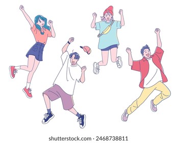 Anime style young man and woman jumping energetically