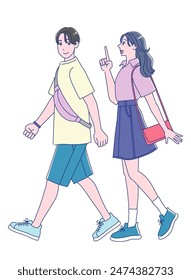 Anime style young man and woman walking with smiles