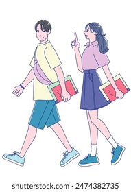 Anime estilo joven hombre y mujer caminando con sonrisas