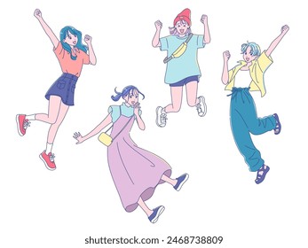 Anime style young woman jumping energetically