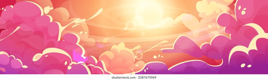 Anime styled cloudy sky panorama with glowing orange sunset rays. Flowing abstract clouds of wavy shapes in pink gradient. Dreamlike atmospheric background for fantasy game header or banner design.