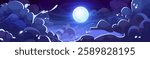 Anime styled night sky panorama with glowing full moon in deep blue cosmos. Midnight clouds of wavy patterns around shining celestial sphere in starlit darkness. Midnight game header or dusk scene.