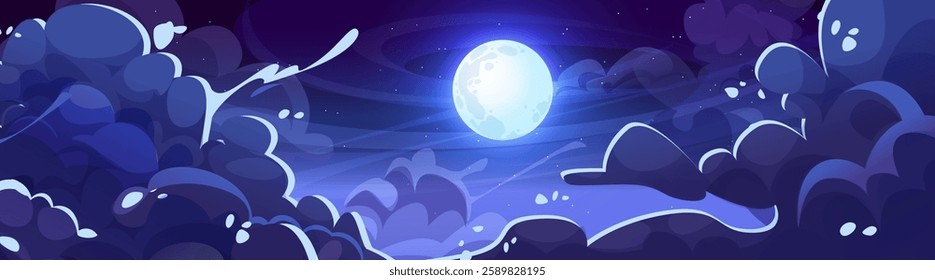 Anime styled night sky panorama with glowing full moon in deep blue cosmos. Midnight clouds of wavy patterns around shining celestial sphere in starlit darkness. Midnight game header or dusk scene.