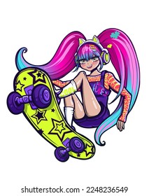 Niña animadora en patineta. Adolescente de moda con cabello largo degradado azul y rosa, auriculares orejas de gato. Ilustración de manga