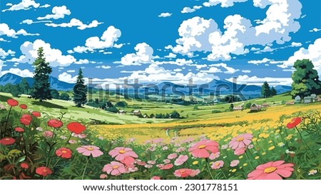anime a tranquil countryside scene with rolling hills vibrant fields of flowers and a clear blue sky dotted with fluffy clouds 商業照片 © 