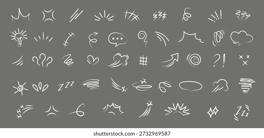 Anime twinkle effect set. Hand-drawn glare, magical sparkle, heart, butterflies, and motion sparkle. Collection of vector line elements.