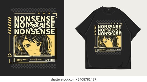 Anime urban t shirt print design, japanese streetwear vector graphic for t shirt print, illustration for apparel and clothing