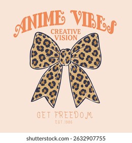 Anime vibes bow print design. girls graphics . leopard print design. women's t-shirt design. bow with animal graphic design