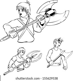 Anime warriors with poleaxe. Set of black and white outline vector illustrations.