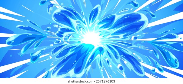 Anime water splash background. Vector cartoon illustration of blue paint explosion, comic style liquid blast with drops burst effect, swimming pool fun, sea or ocean wave spread, aquarium show banner