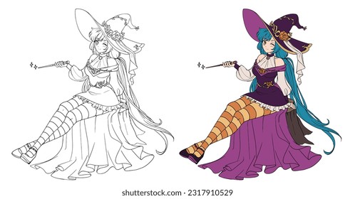 Anime witch sitting on stump holding wand. Vector isolated illustration for children coloring book