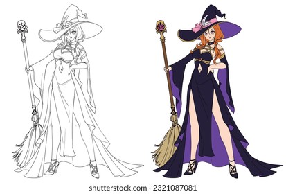 Anime witch wearing spooky dress holding broom. Vector isolated illustration for children coloring book