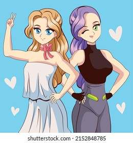 Anime women characters, vector style