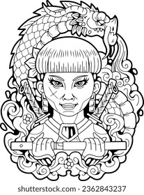 anime yakuza girl, outline illustration design