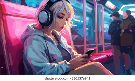 Anime young girl, in the subway listening to music in her headphoens, lights, neon, vaporwave, synthwave, beautiful, vector illustration, future funk, futurefunk, cute, kawaii, japanese, waifu