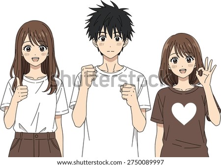 Anime-style cartoon characters with cheerful gestures, unity and encouragement theme, expressive group pose, flat vector illustration.eps