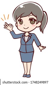 An anime-style female office worker giving an OK sign