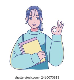 Anime-style female student holding a book