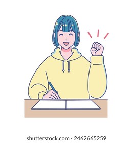 Anime-style female student studying at a desk