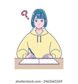 Anime-style female student studying at a desk
