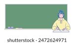 Anime-style female student studying in front of a blackboard