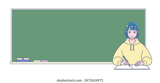 Anime-style female student studying in front of a blackboard