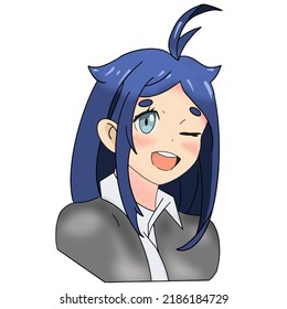 Anime-style girl with blue eyes and hair winks