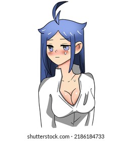 Anime-style girl with a deep neckline and blue eyes