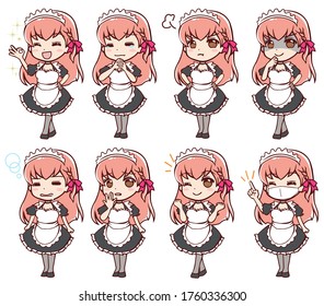 Anime-style maid full-body set with various expressions