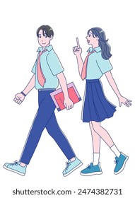 Anime-style male and female students in uniforms walking with smiles