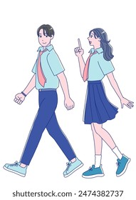 Anime-style male and female students in uniforms walking with smiles